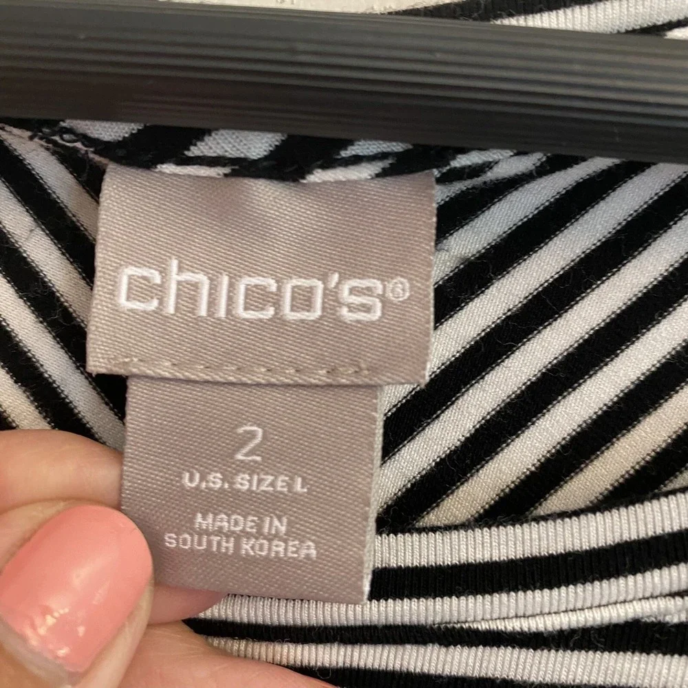 Chico's Striped Top Womens Chico Size 2 Longline 3/4 Sleeve WHITE Black - Picture 5 of 11